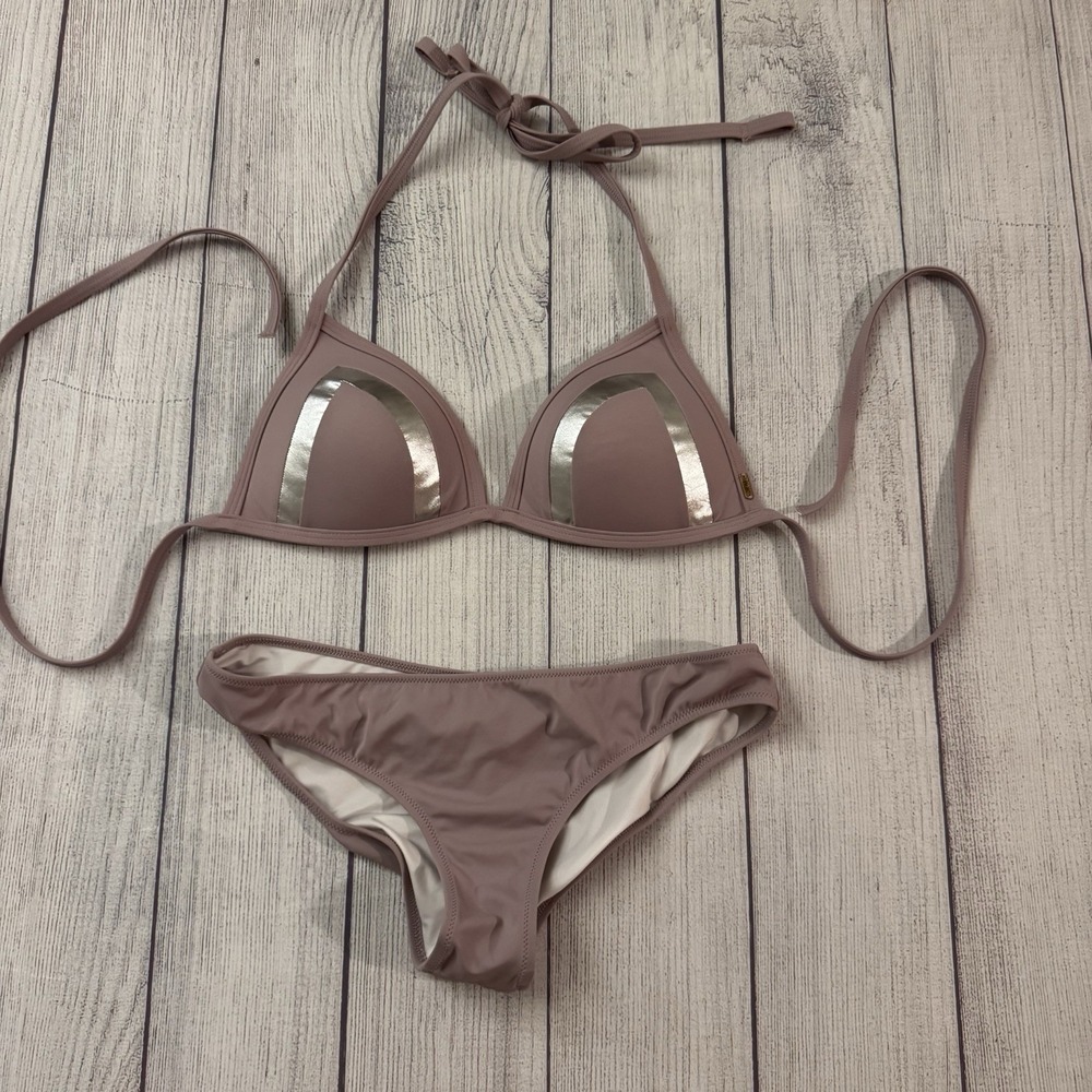 Victoria's Secret PINK Bikini Set Small Mauve Gold Metallic Triangle Cheeky Swim